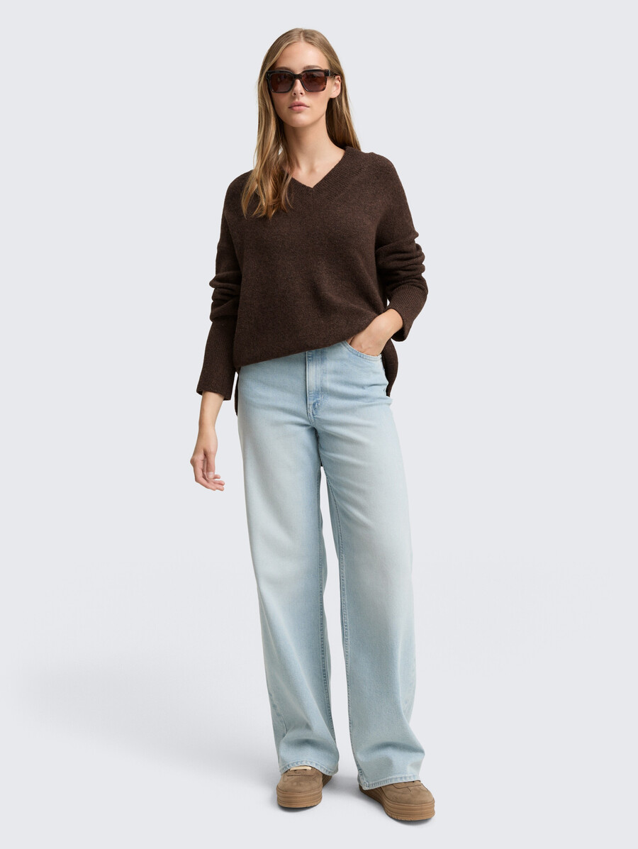 langer strickpullover mit v-ausschnitt