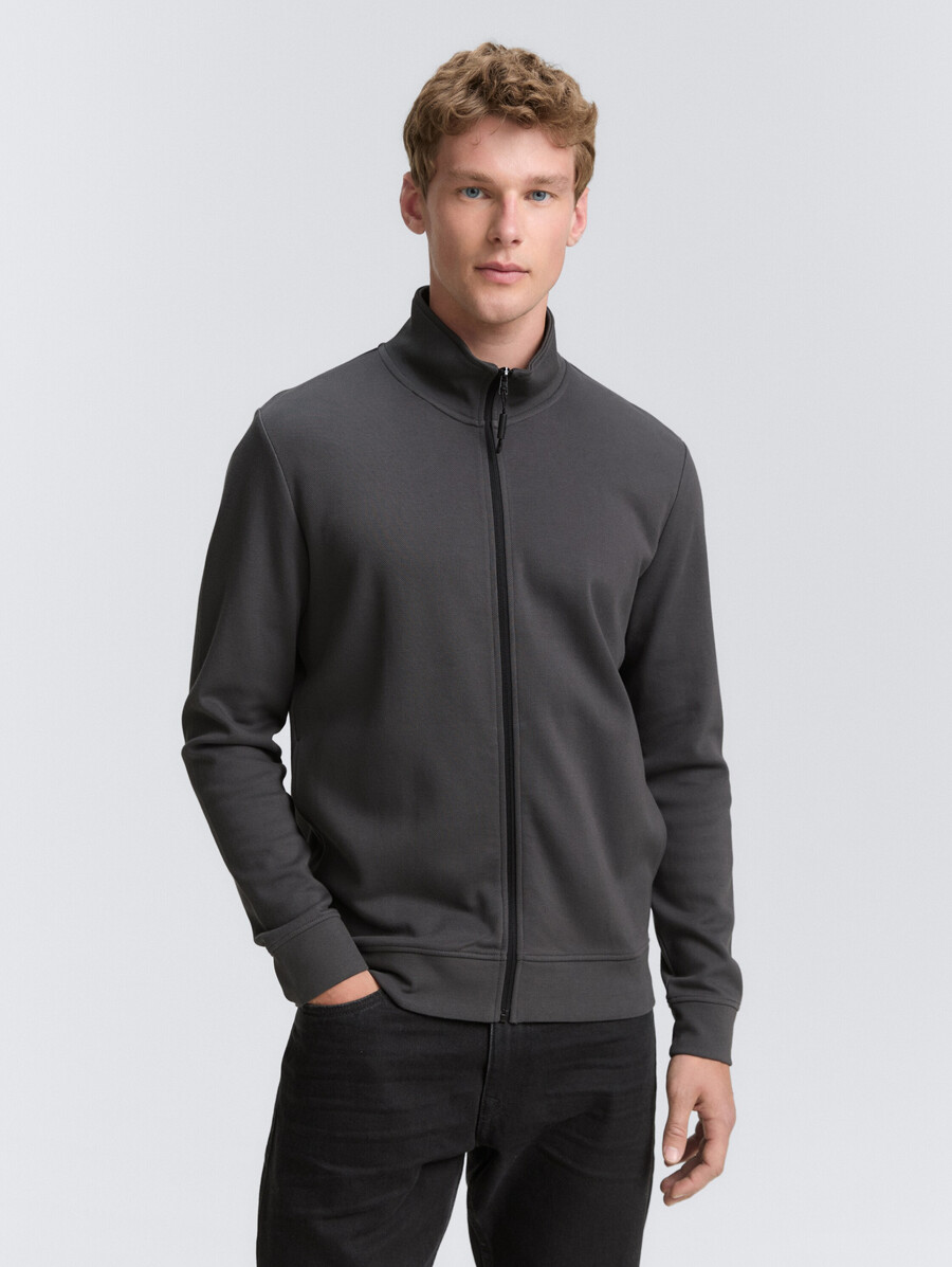 piqué-sweatjacke mit stehkragen