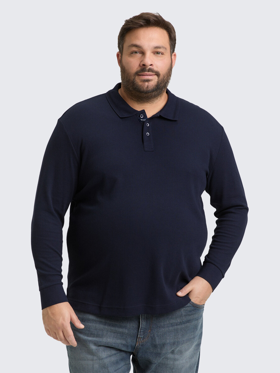 plus size – langärmeliges poloshirt mit waffelstruktur